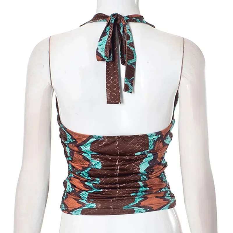 Serpentine Print Women Sexy Vneck Lace Up Halter Backless Pleated Tank Crop Tops Spring Y2K Streetwear Vests Club Tees 250611