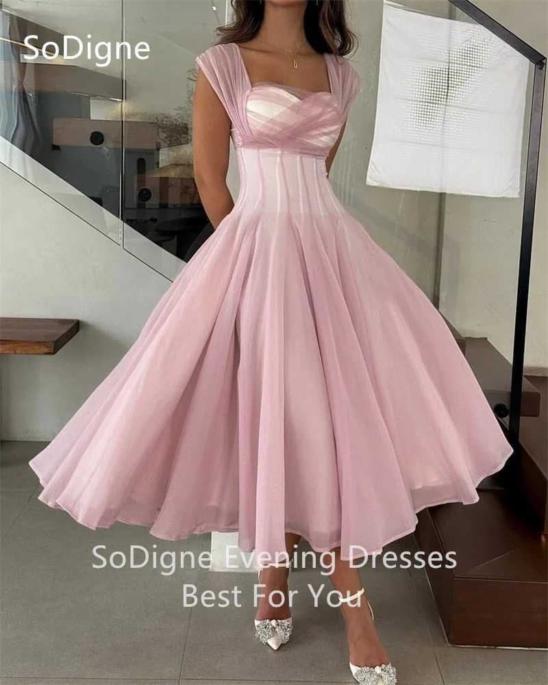 SoDigne Beige Chiffon Prom Dresses A-Line Mid-Calf Square Collar Draped Party Dress Charming Cocktail Gowns Customized W250614
