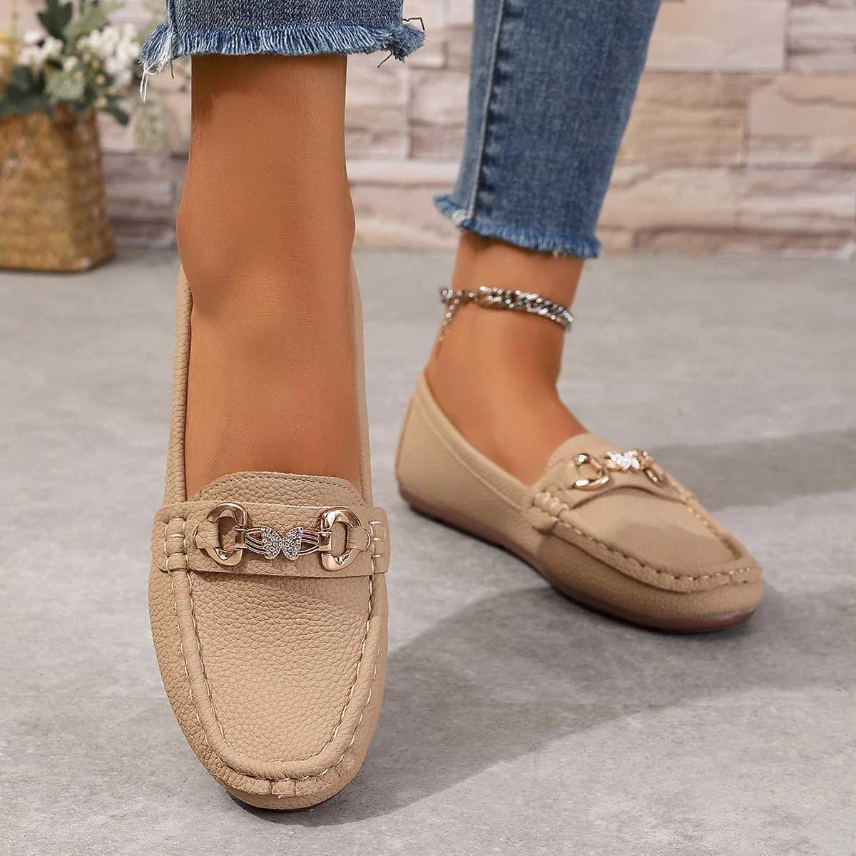 Spring Autumn New Bean Shoes Female Women Round Head Low Heel Knot Chain Casual Footwear Mother Shoes Lady Loafer XJ250614