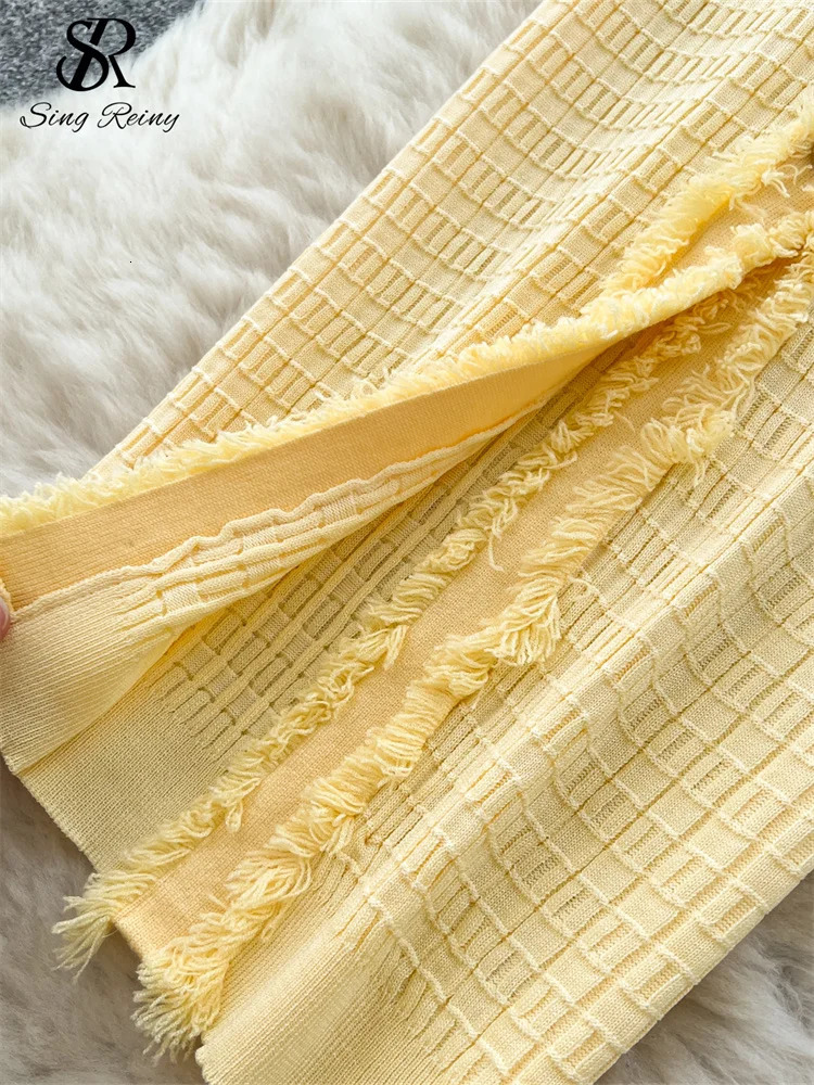 SINGREINY Workwear Elastic Knitted Dress Women Short Sleeves Single Breasted Summer Korean Vintage Split LongDress 250613