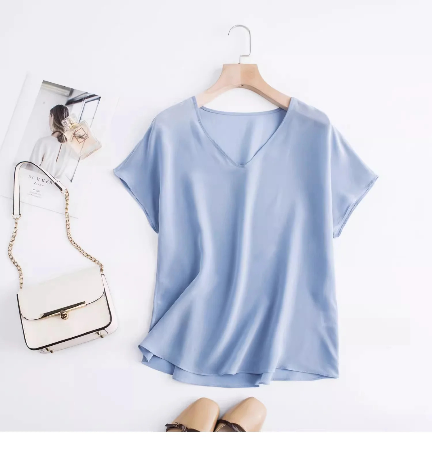 Womens Summer plus Size 100% Mulberry Silk Shirt V Neck Short-Sleeved Solid Color Natural Fabric Casual Cause Clothing 250609