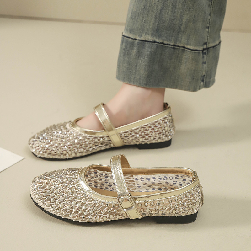 Ddmyoutdoor French Style Rhinestone Mary Jane Shoes For Women Hollow Gentle Evening Breeze Summer New Match With Skirts Flat Loafers Outdoor Shoes