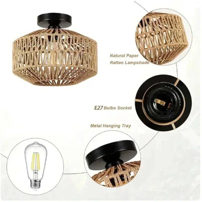 Classic Ceiling lamp Handmade Rattan Weaving Hanging Chandelier Lamps For Living Bedroom Home Decor Pendant Light E27 Fixture XJ2500613