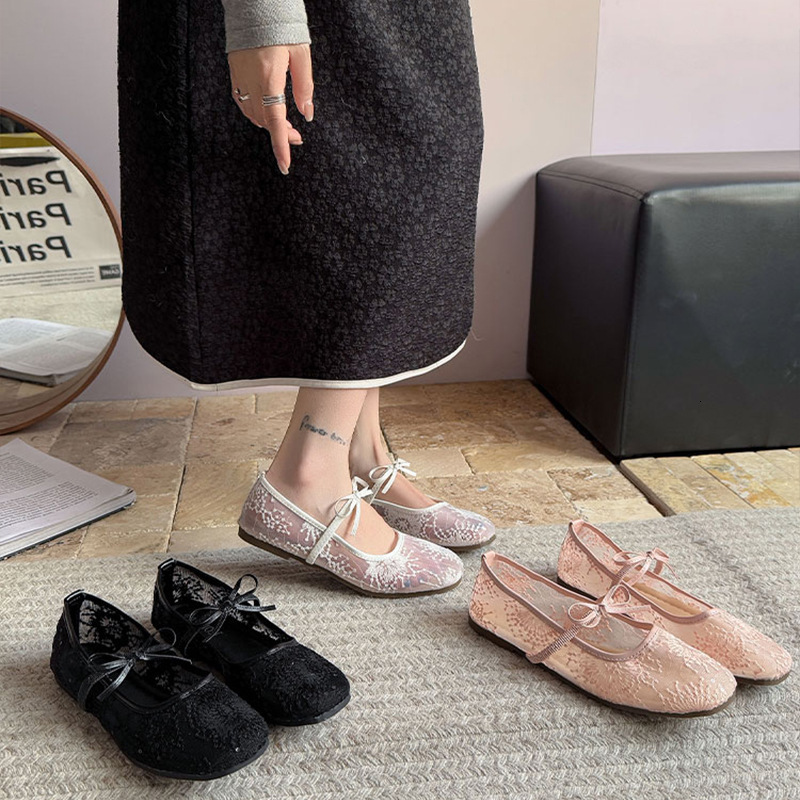 Ddmyoutdoor Gentle Evening Breeze Bowknot Ballet For Women New Fairy Hollow Mesh Lace Embroidered Single Shoes Outdoor Shoes