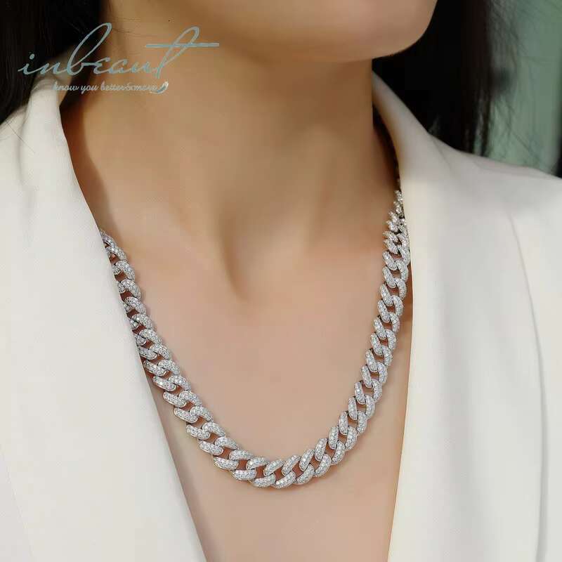 Silver 925 Original 10mm Width Brilliant Cut Diamond Test Past D Color Moissanite Cuban Necklace for Women Wedding Fine Jewelry