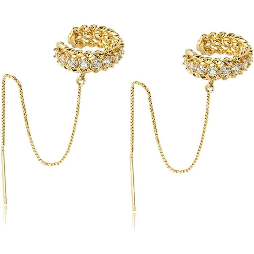 Hie women 14k Dainty Gold Tassel Chain Drop Dangle Small Hoop Stud for Women Teen Cubic Zirconia Sparkling Earrings Clip Womens earrings