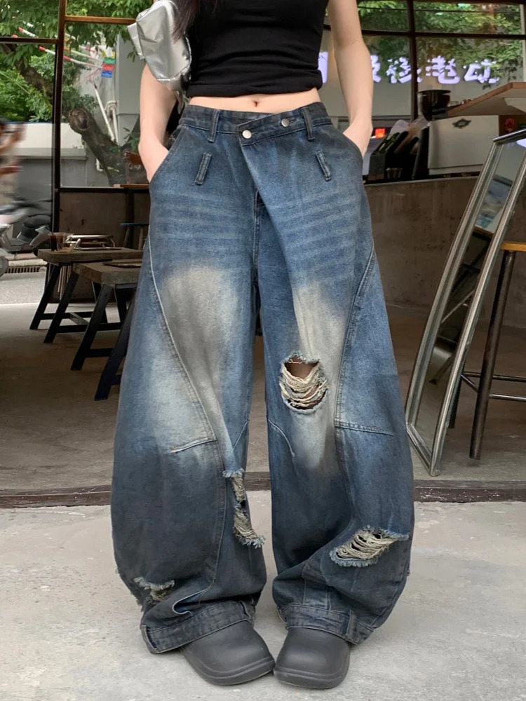 Y2K Clothing Grunge Dirty Washed Blue Old Baggy Stacked Ripped Jeans Pants For Women Wide Leg Punk Lady Denim Trousers 250612