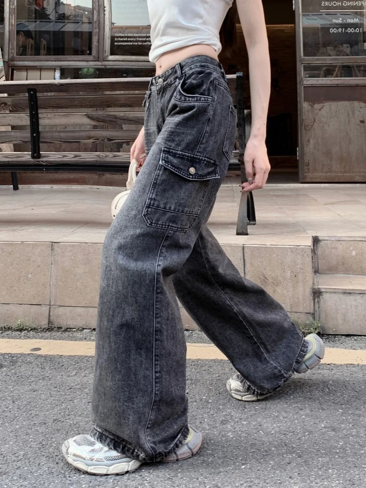 Cyber Y2K Streetwear Vintage Black Grey Baggy Flared Cargo Jeans Pants For Women Clothing Kpop Casual Lady Cotton Trousers 250612
