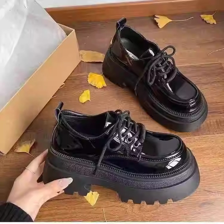 Ddmysports Black Round Toe British Style Thick Sole Women S Leather Spring Autumn French Height Increasing Single Shoes Outdoor Shoes