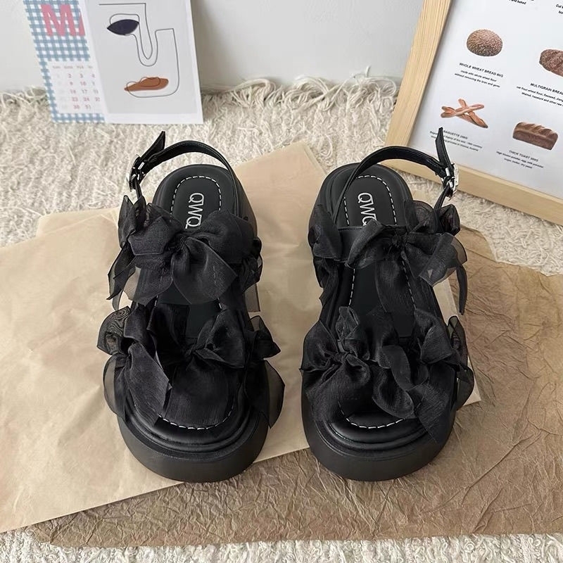 Womens Layered Bow Platform Sandals Thick Cushioned Sole with Adjustable Ankle Buckle for Summer Casual Wear 250605