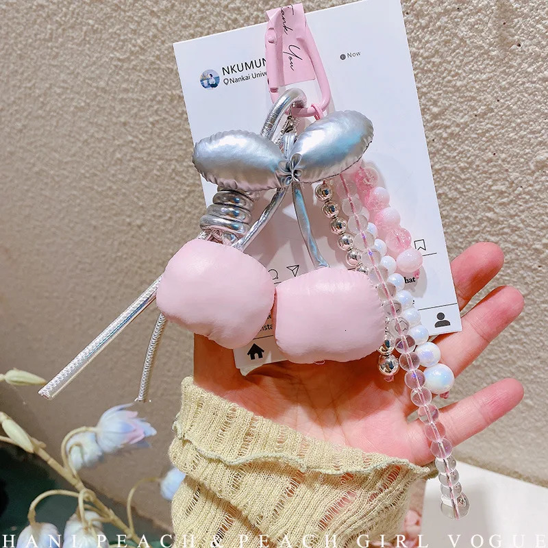 Fashion Silver Pink Cherry Stuffed Fruit Keychain Kawaii PU Leather Solid Color Beaded Braided Rope Charm Bag Car Pendant Keyfob 250610