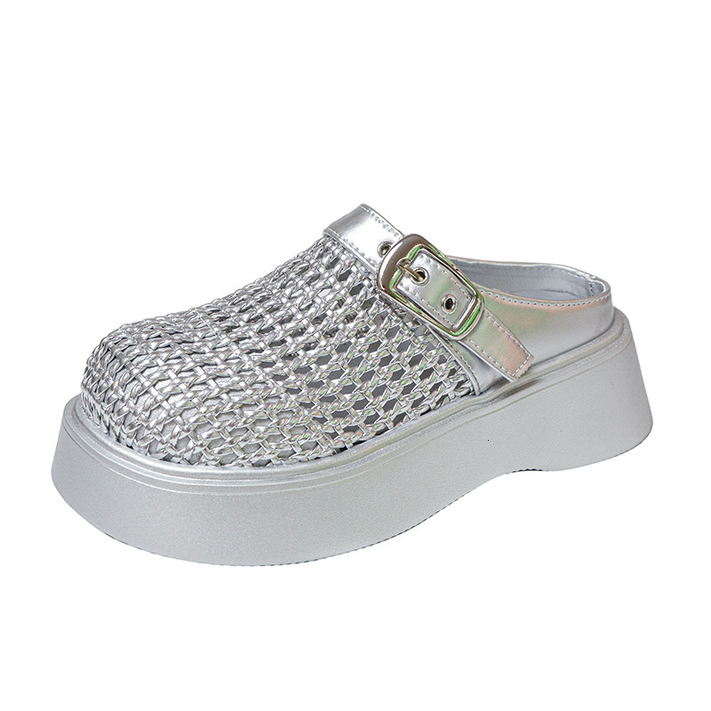 Ddmyoutdoor Platform Thick Sole Loafers New Spring Summer Versatile Woven Closed Toe Half Slippers For Petite Women Outdoor Shoes