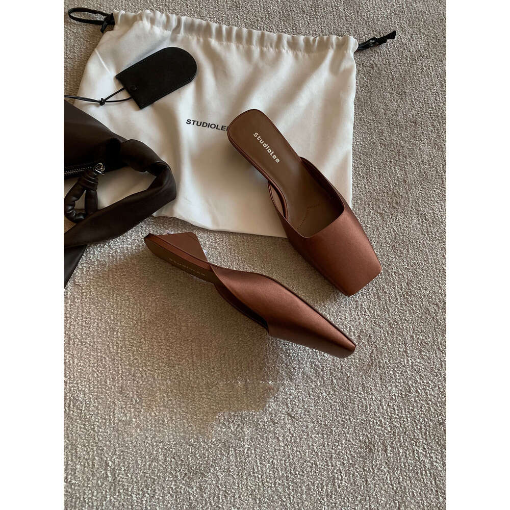Grape Mom Studiolee French Square Toe Shallow Mouth Silk Satin Triangle Heel High-end Mules for Women Summer