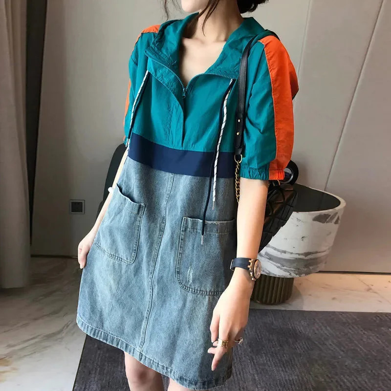 Spliced Hooded Denim Dress For womens Summer Fashion Loose Thin Short sleeved Casual Dress Female 250609