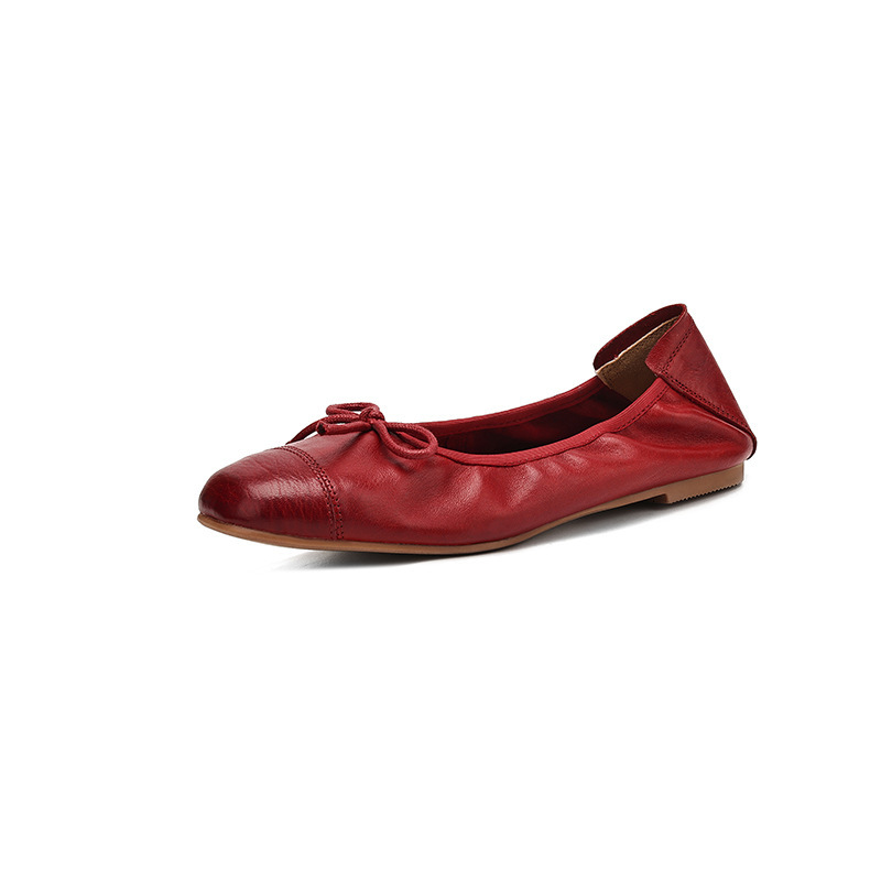 Ddmysheep Super Soft Top Layer Cowhide French Bow Square Toe Flat Ballet Grandma Shoes Brown