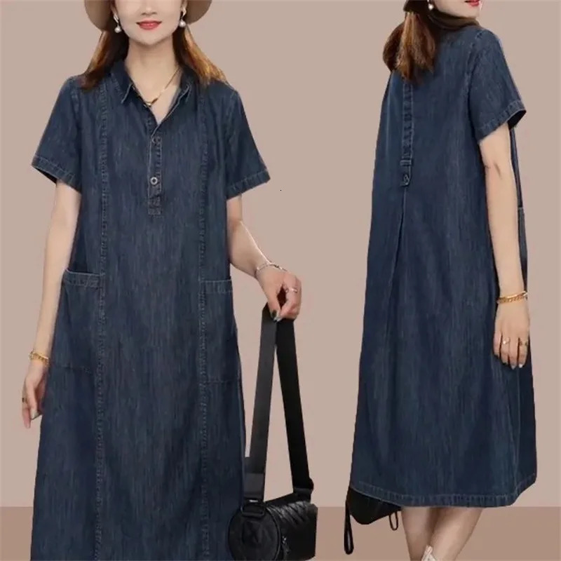 Short sleeved Shirt Denim Dress for women 2025 Summer Korean version Loose with pockets Casual Thin Denim Dress Female 250609