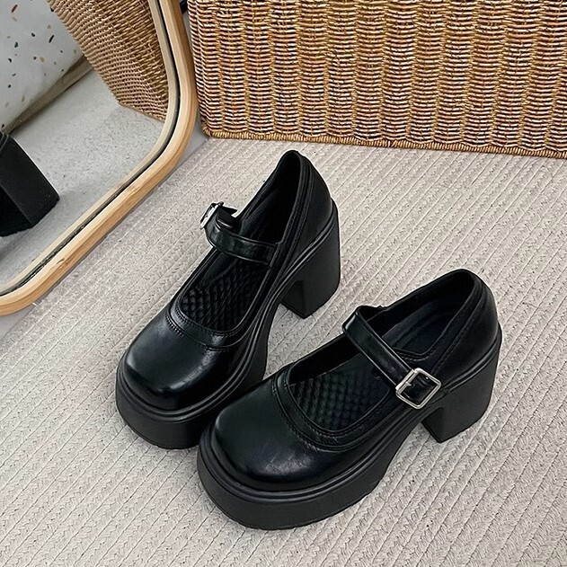 Ddmysports New Brown French Style Thick Sole Small Leather For Women Petite Height Increasing Chunky Heel Mary Jane Shallow Mouth Single Shoes Outdoor