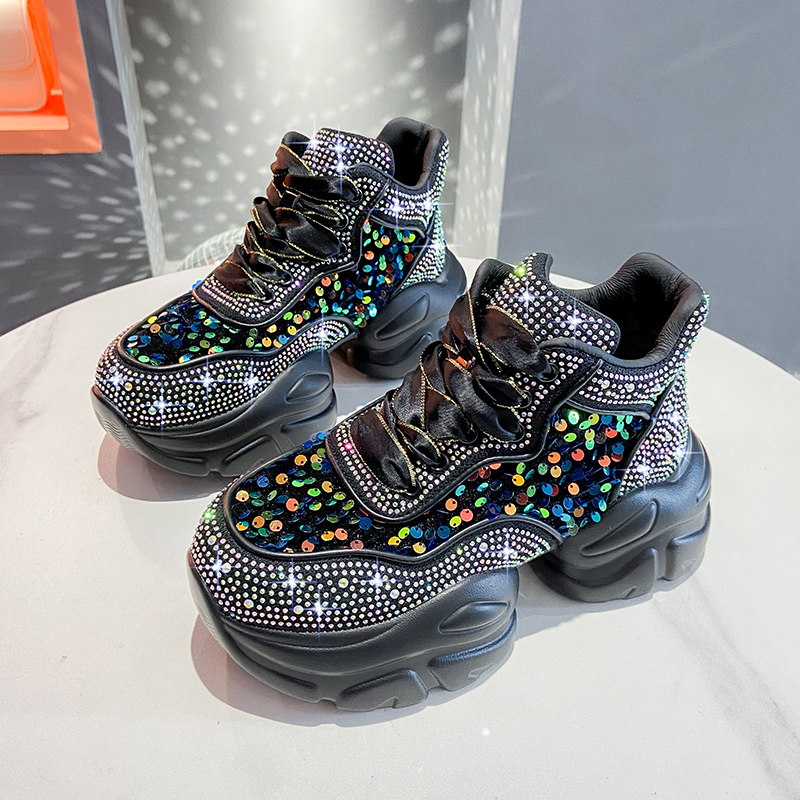 Fashion Shiny Ladies Shoes Sneakers Women Trend 2025 New Spring Platform Lace Up Rhinestone Women Casual Shoes Luxury Designer Casual Platform Shoes Z