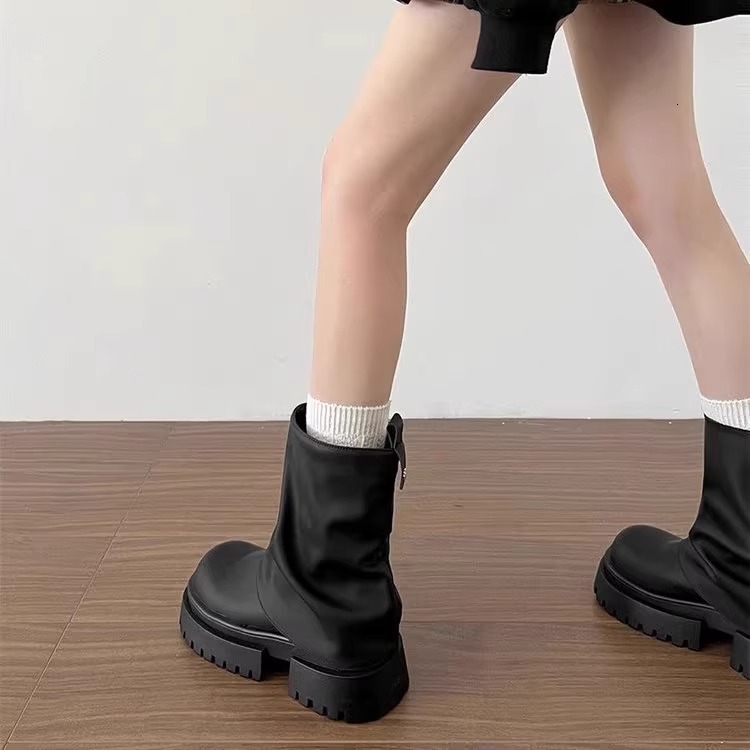 Ddmysports Black Martin For Women New Autumn British Style Tube Thick Sole Height Increasing Knight Slouch Boots Outdoor Shoes