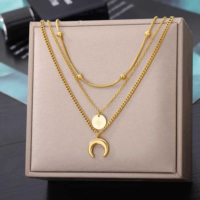 Stainless Steel Geometry Star Moon Pendant Multilayer Chain Choker Necklace For Women Wedding Accessories Dropshipping Z250614