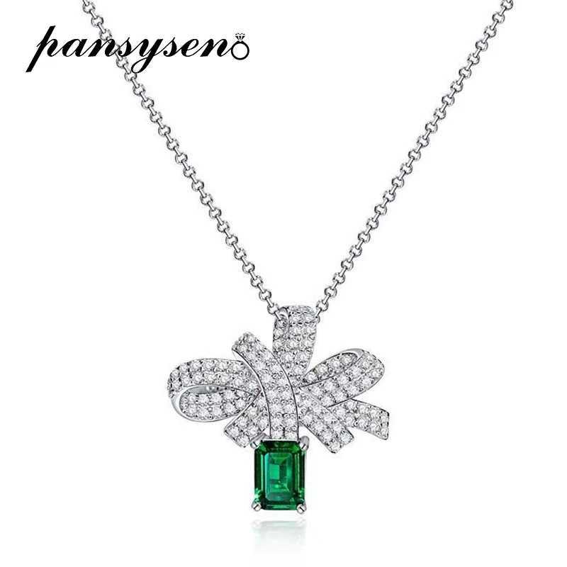 PANSYSEN 100% 925 Sterling Silver 5*7MM Cultivated Emerald Diamond Bowknot Pendant Necklaces for Women Anniversary Party Jewelry Z250614
