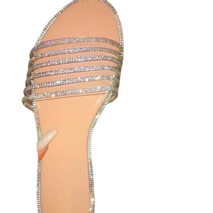 2024 Summer New European and American Flat Rhinestone Flip-flops Womens Home Slippers Womens Shoes Z250614