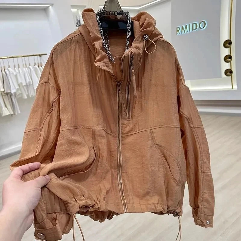 Casual Loose Hooded Short Sun Protection Clothing For Women Thin Breathable Jacket Summer Trench Coat 250611