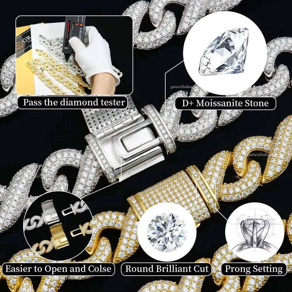 8mm White Gold Sterling Sier VVS Moissanite Dia Cuban Link Chain Bracelet Iced Out Mossanite Jewelry for Men Women