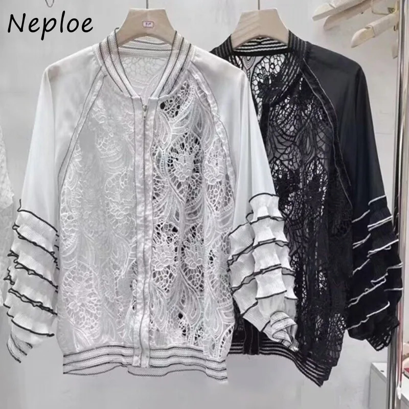 Neploe Elegant Vintage Lace Thin Baseball Jackets Spring Hollow Out Tops Sun Protection Long Sleeve Coat Women 250611