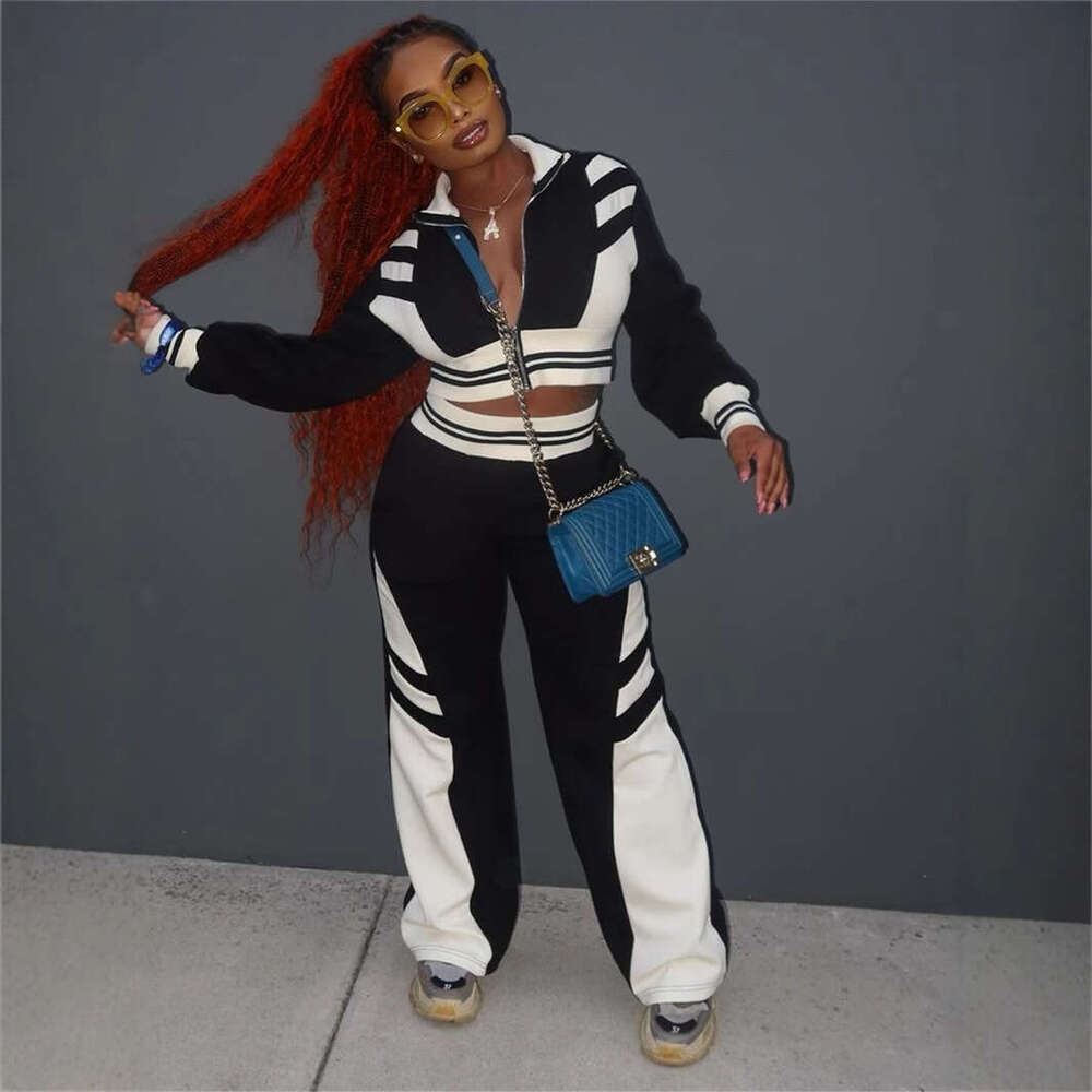 Autumn New Fashion Trend Color-Block Casual Sports Long Sleeve Jacket Top And Pants Set B5