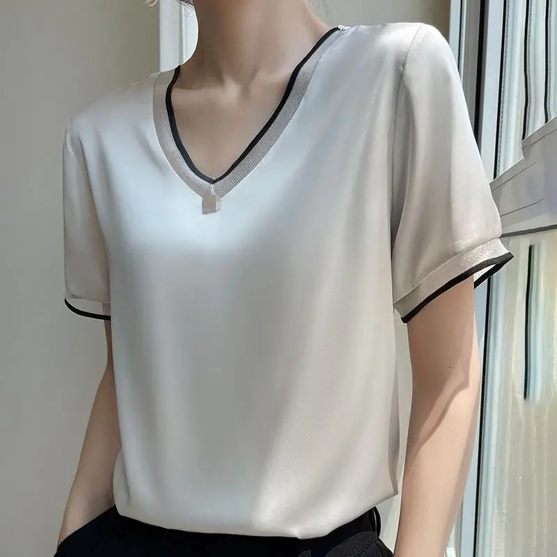 Summer Fashion Silk Temperament V-Neck All-Match Short-Sleeved Pullover Top Large Size Women Style Blouses Shirts 250609
