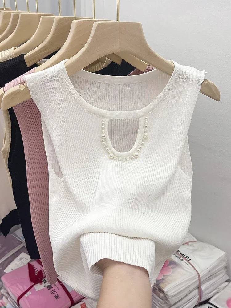 Korea Knitted Vests Women Top Solid Tank Blusas Summer Fashion Female Sleeveless Beading Hollow Out Casual Thin Tops 250614