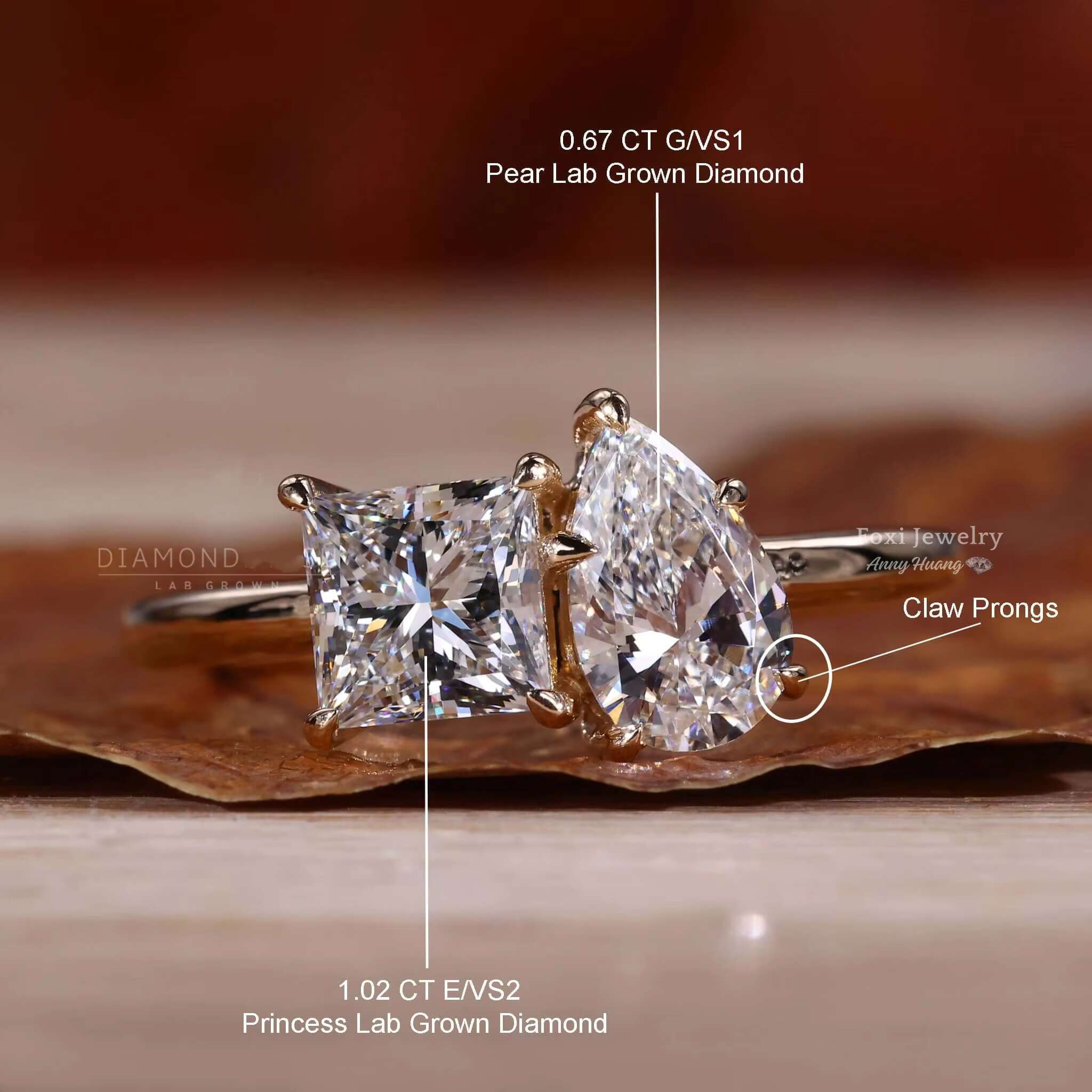 925 Sterling Silver GRA VVS Moissanite Toi Et Moi Ring 1.69 TW Pear and Princess Cut Lab Grown Diamond Engagement Ring Women