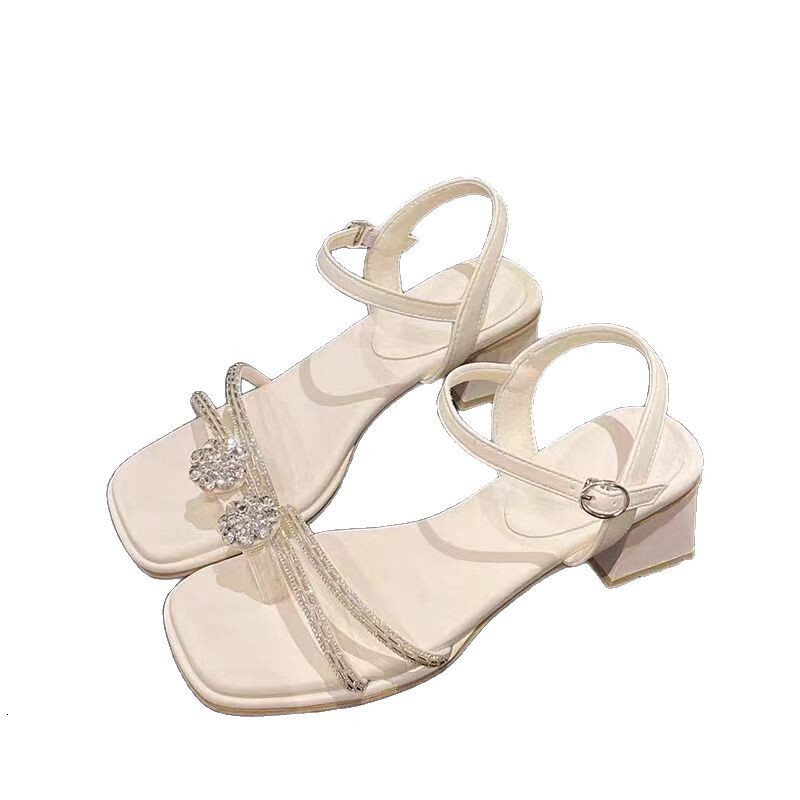 Ddmysports One Strap Crystal Chunky Heel Women S Sandals New Fashion Bowknot Fairy Style Stunning Open Toe Simple Outdoor Shoes