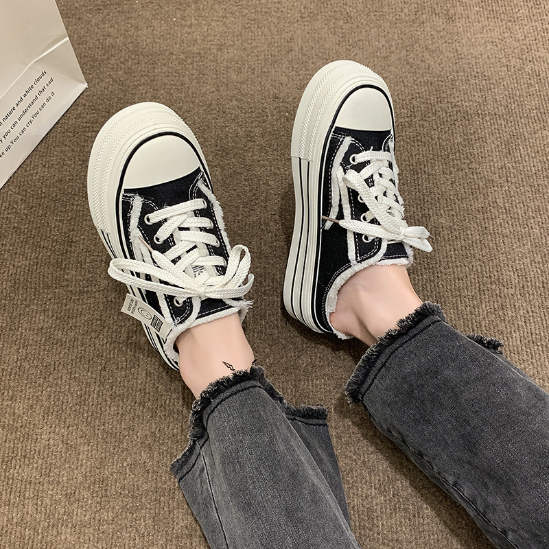 Ddmyoutdoor Baotou Canvas Half Slippers For Women Summer Outdoor New Thick Sole Height Increasing Casual Lace Up Lazy White Sandals Outdoor Shoes