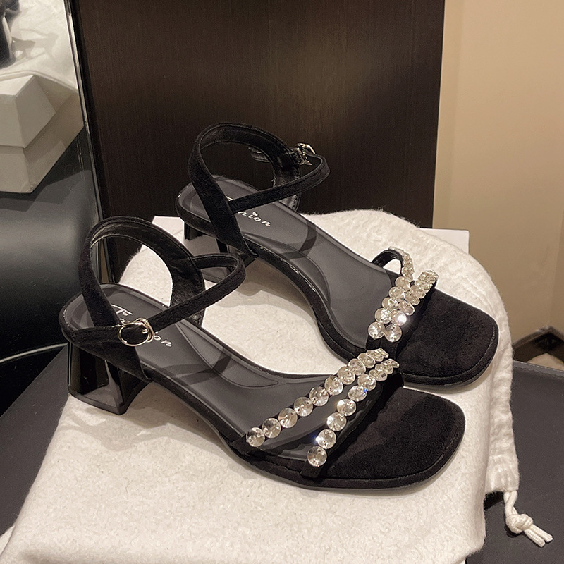 Ddmyoutdoor French Style Square Toe Strap For Women Summer Fashion Outdoor Chunky Elegant Socialite Rhinestone High Heel Sandals Outdoor Shoes