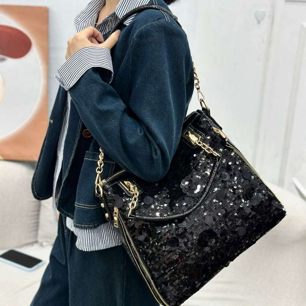 New Sequin Handbag Fashionable High-end Women's Large Capacity Soft Leather Beaded Versatile Shoulder Crossbody Bag