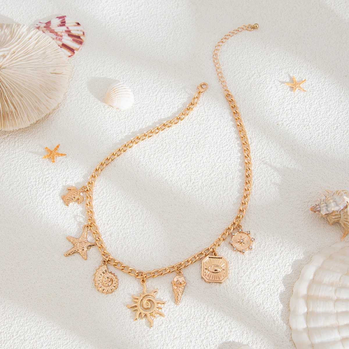 SHIXIN Classic Starfish Coconut Tree Conch Sun Pendant Necklace for Women Gold Color Chain Choker Summer Beach Neck Jewelry Gift Z250614
