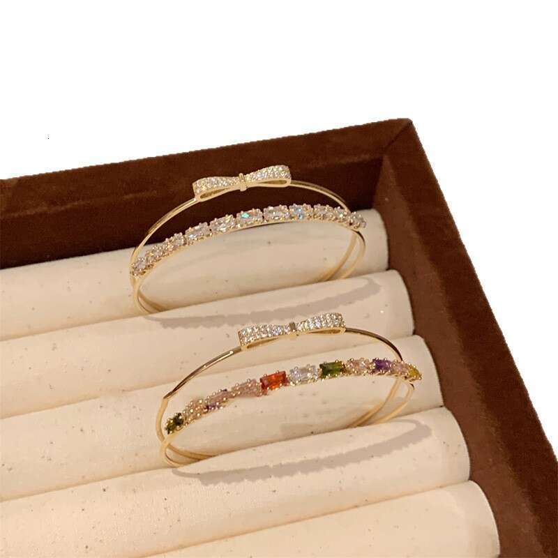 Luxury Jewelry Designer Bracelet Korean Style Zircon Double Layer Bowknot Square Bracelet Exquisite Hand Ring Light High-end Sense Jewelry