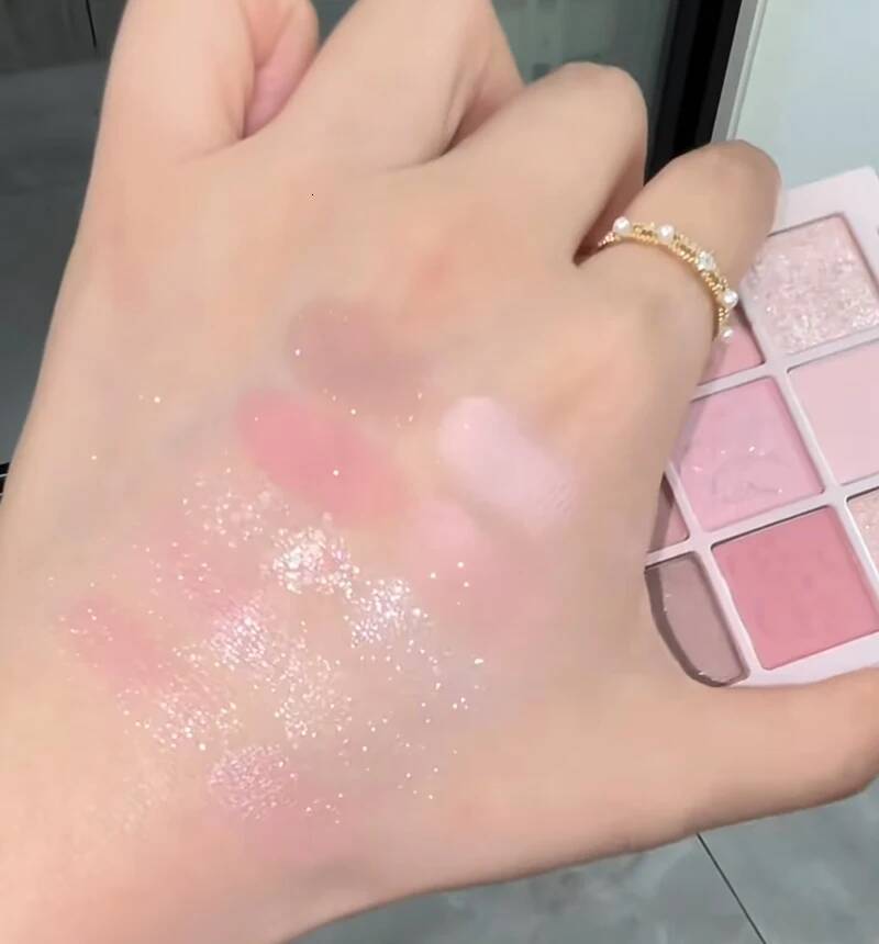 9-Color Flower Petal Eyeshadow Palette Glitter Milk Pink Peach Blush Fine Shimmer Matte Eye Pigments Shiny Long-lasting Makeup