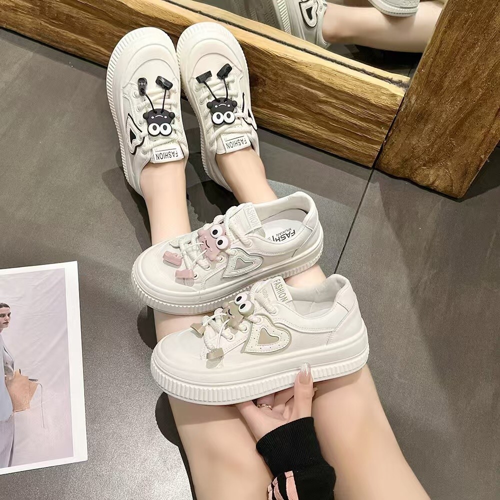 Ddmysports White Sneakers Autumn Korean Style Thick Sole Round Toe Lace Up Fashion Versatile Sports Casual Shoes Outdoor Shoes