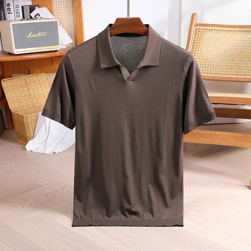 Summer Casual Polo Shirt Mens Vneck Solid Color Thin Knitted ShortSleeved Tshirt Korean Lapel Breathable Tshirt 250612