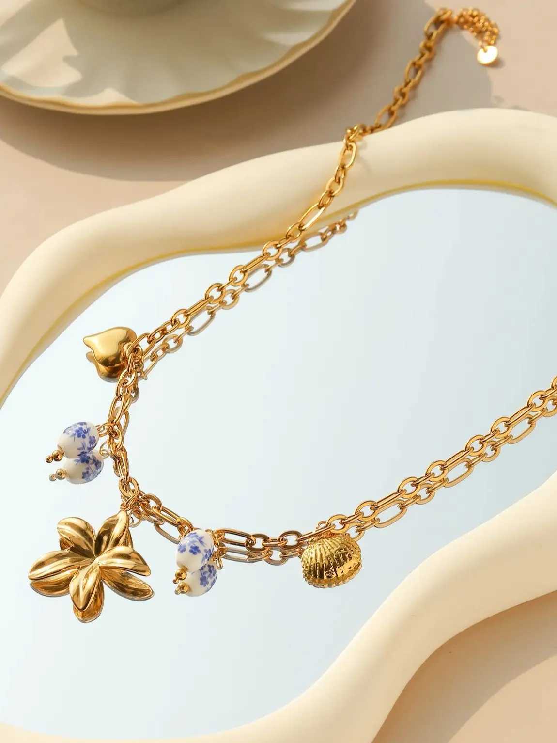 Flower Blue and White Porcelain Shell Heart Pendant Stainless Steel Necklace Women DIY Creative Design Necklace Jewelry Gift Z250614