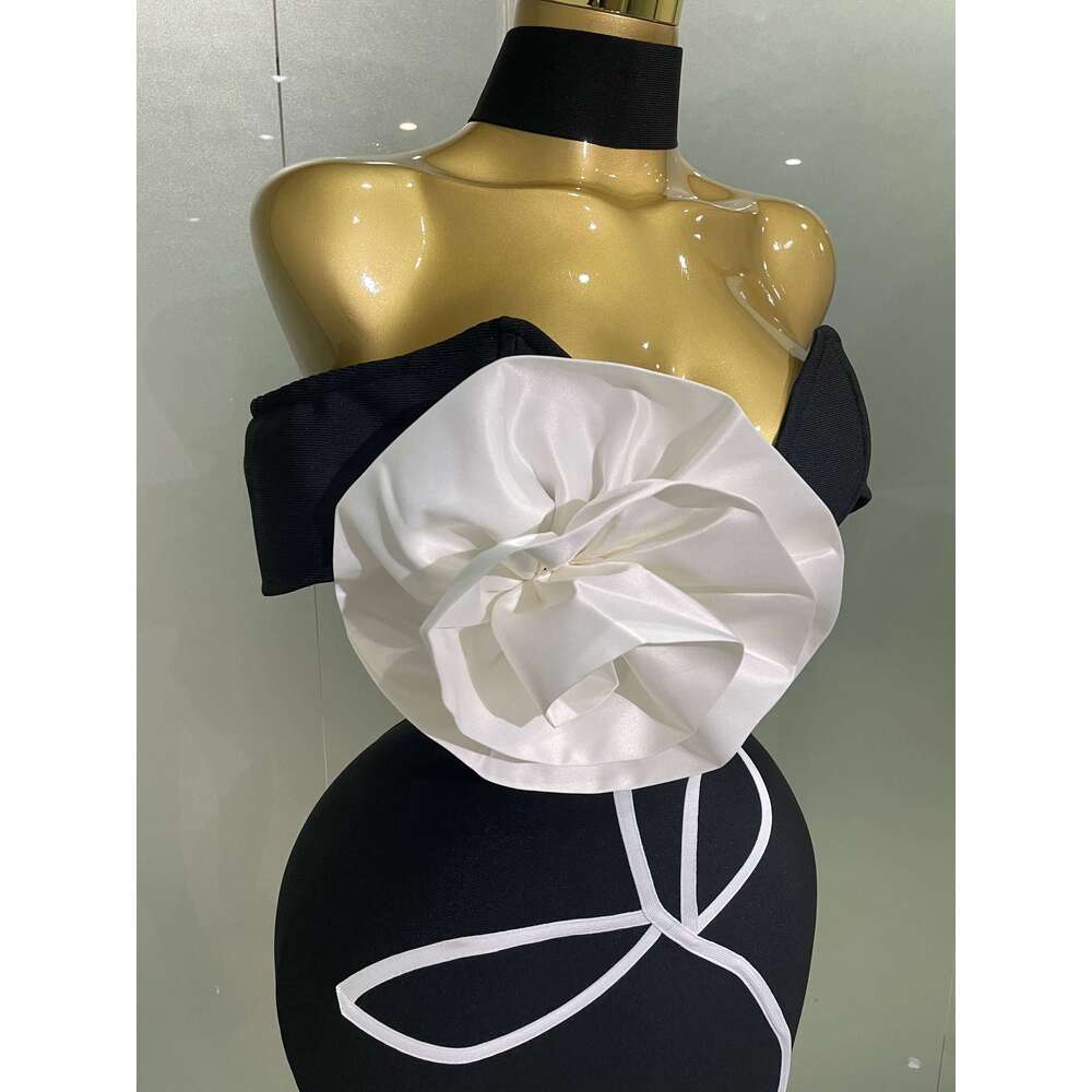 Women New Sexy Off Shoulder White Flower Black Mini Bodycon Bandage Dress Celebrity Evening Club Elegant Party Gowns