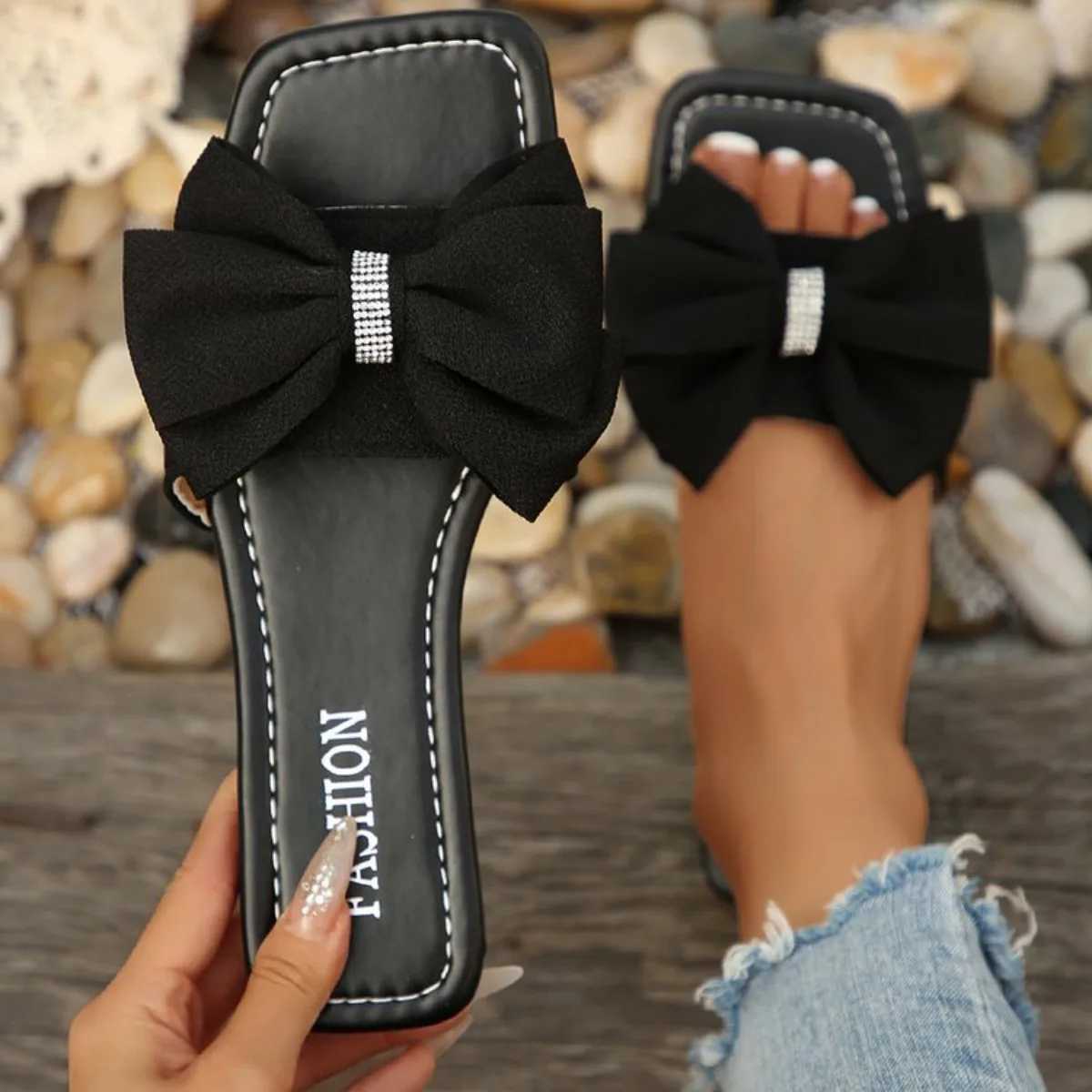 Women Black Bow Decor Slide Sandals Summer Outdoor Fashion Sexy Elegant Casual Flats Office Party Non-slip Crystal Bow Tie 2025 Z250614