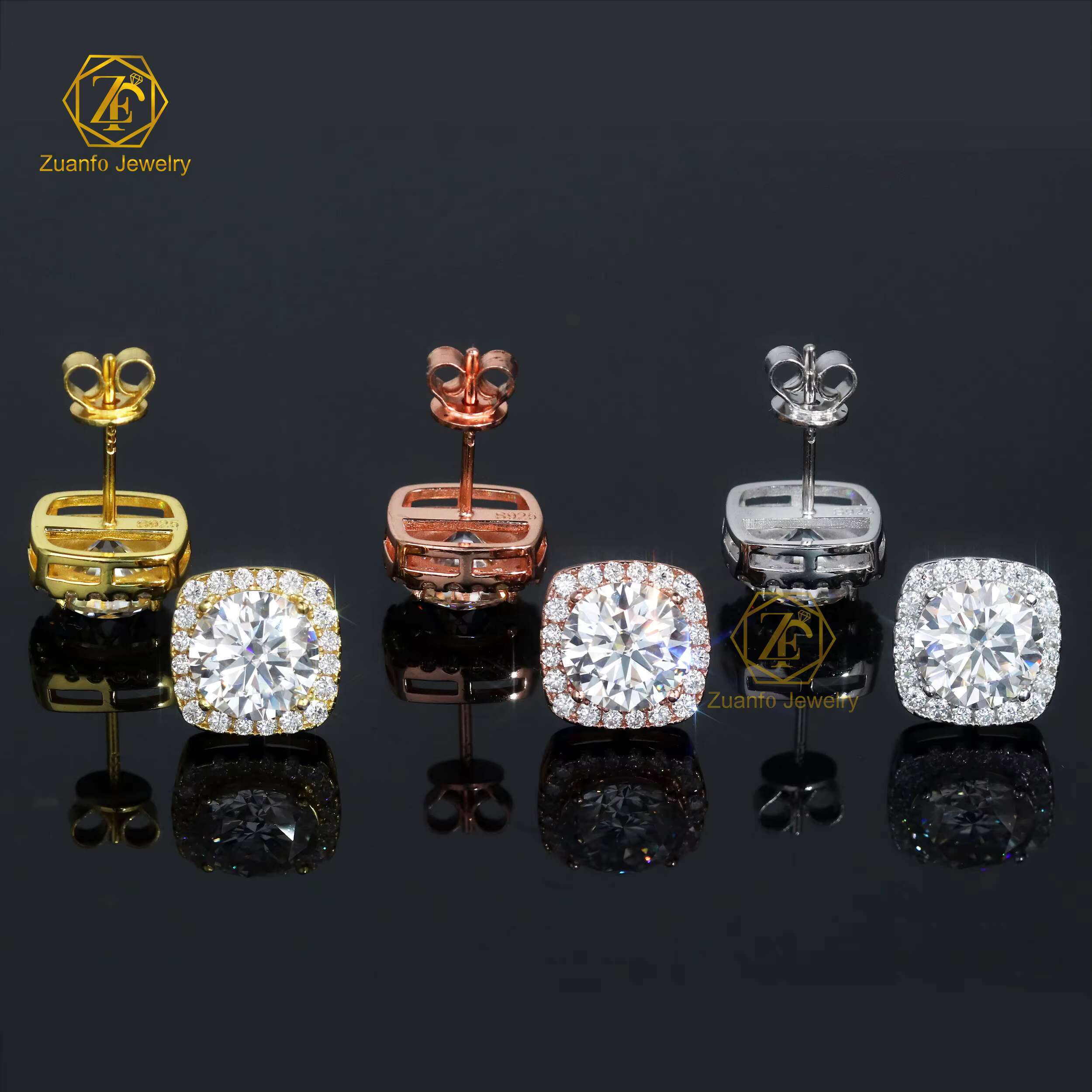 New Trendy 925 Silver Square Shape 6.5mm 8mm D VVS Moissanite Diamond Halo Stud Earrings With GRA Certificate