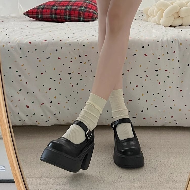 Ddmysports New Brown French Style Thick Sole Small Leather For Women Petite Height Increasing Chunky Heel Mary Jane Shallow Mouth Single Shoes Outdoor