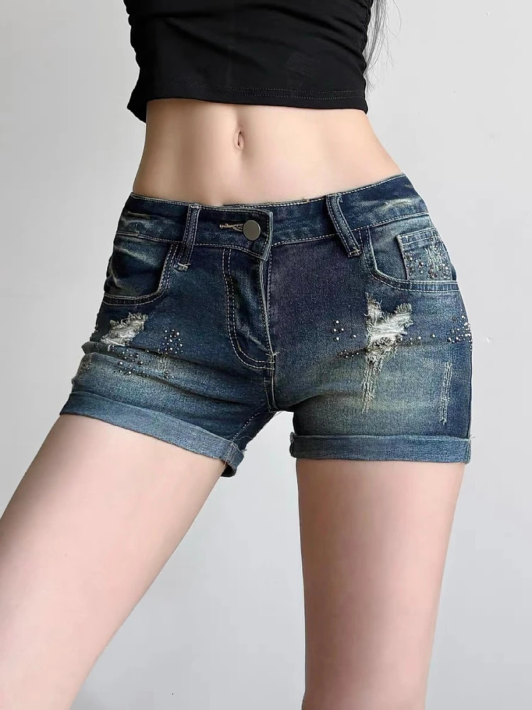 Womens Blue Gothic Denim Shorts Vintage Aesthetic Korean Low Waist Jean Shorts Harajuku Y2k Cowboy Short Pants Clothes Summer 250613