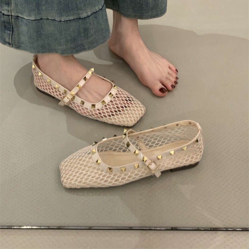 Ddmysheep Ddmysheep Hollow Out Fishnet Crochet Mary Jane For Women Summer New Round Toe Flat Ballet Shoes