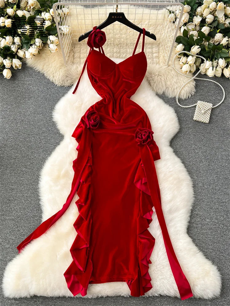 SINGREINY Summer Velvet Party Long Dress Strap Ruffles Sweet Split Beach Sundress Korean Streetwear Korean 3D Floral Midi Dress 250612
